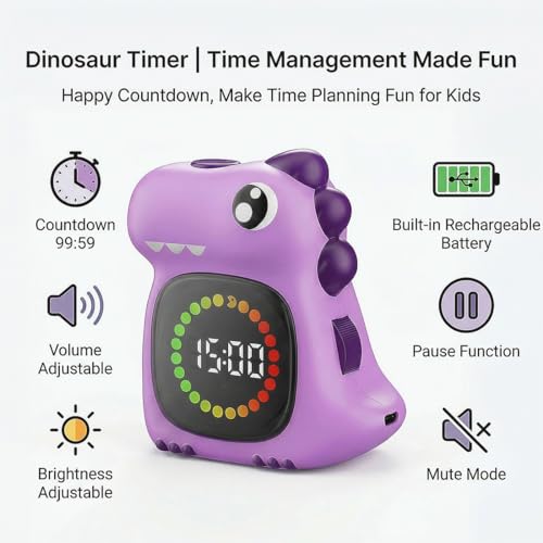 Purple Dinosaur Visual Timer for Kids, Girls Countdown Timer - color: Purple