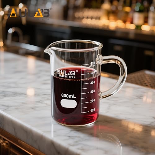 ULAB Glass Beaker with Handle, Vol. 500ml, 3.3 Borosilicate Griffin Low Form with Printed Graduation,Pack of 2,UBG1070