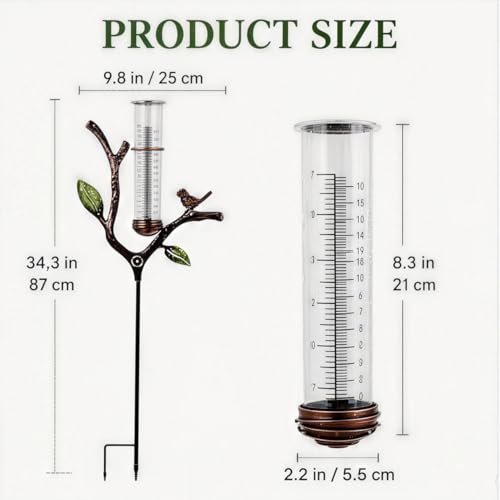 Outdoor Glass Rain Gauge with Stake Bird Shaped Yard Rainfall Measuring Tool 7 Inch