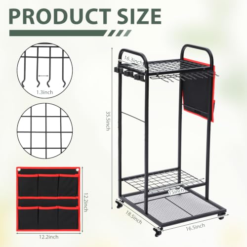Chumia Garden Tool Organizer for Garage Storage, Heavy Duty Rolling Yard Tool Rack with Wheels and Side Bag, 3-Tier Rust-Resistant Metal Utility Cart for Shovels Rakes Brooms Shed Garage Outdoor