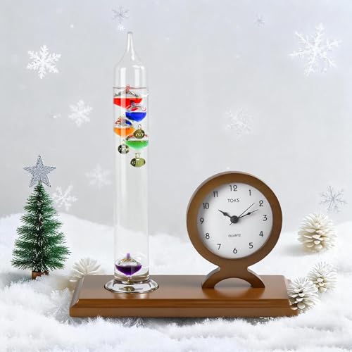 Lily's Home Galileo Thermometer with Clock-5 Spheres, 64ºF-80ºF Range–Clock with Quiet Movement - Elegant 2-in-1 Design-Ideal Gift for Home/Living Room Decor-Galileo Thermometer Indoor(9 inx11.6 in) - style: Clock with Quiet Movement