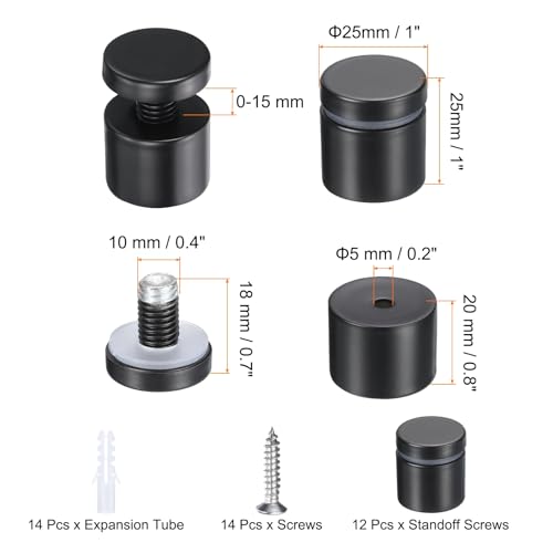 uxcell 12 Pcs 1" x 1" Standoff Screws Stainless Steel Wall Mount Sign Mounting Hardware Kit with 14pcs Screws for Hanging Acrylic Glass Signs Advertising Boards, Black - color: Black, size: 1" x 1"