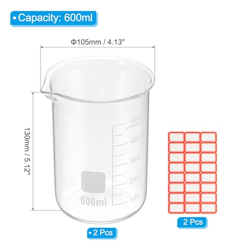 PATIKIL 600ml Glass Beaker, 2 Pack Measuring Glass Beaker Graduated Borosilicate Lab Cups Mug Low Form Heat Safe Transparent with Spout Label for Laboratory Science Kitchen Liquids - size: 600ml