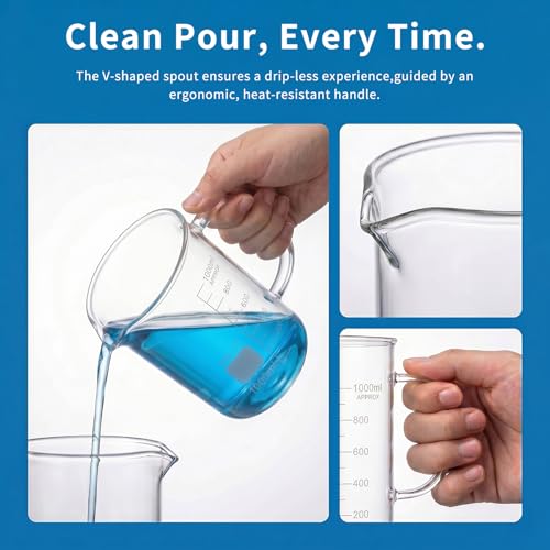 1000ml Borosilicate Glass Measuring Beaker, Handle Mug with Pouring Spout - size: 1000ml
