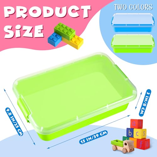 2 Pack Sensory Bin for Kids, 15inch Sand Tray with Lid, No-Mess Sensory Play Container for Sand, Building Blocks Storage, Portable Kids Activity Bin Indoor Outdoor(Blue, Green)