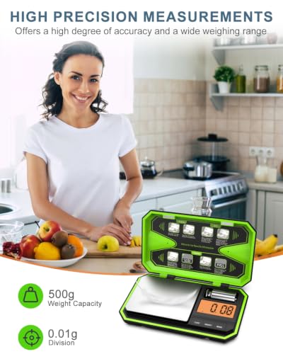 500g/0.01g High Precision Digital Scale, Mini Pocket & Kitchen Scale with 50g Calibration Weight, LCD Display, 6 Units, Tare Function for Food Coffee Jewelry Coin, Portable Gram Scale (Green) - color: Green