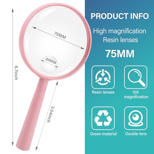 Feosky Handheld Reading Magnifier, 10X Magnifier,75mm Shatterproof Lens, Adults Close Work Non-Slip Handle for Seniors Reading and Nature Exploration (Pink) - color: Pink, size: 75mm