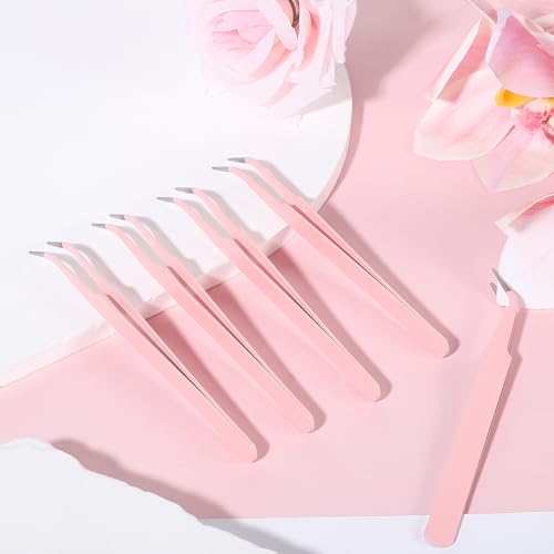 9 Pcs Precision Tweezers, Stainless Steel Craft Tweezers for Crafting, Curved Tweezer Multipurpose Pointed Long Tweezer for Crafting DIY Bead Jewelry Making, Scrapbooking, Crafts, Nail Art (Pink) - color: Pink