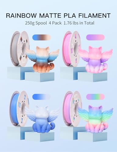 PINBALL Matte Rainbow PLA 3D Printer Filament 1.75mm, Matte Surface Multicolor PLA Filament 1.75mm, 250g Spool, 4 Rolls, Blue-Brown+Blue-White+Red-Purple+Matte Rainbow Color - color: Pla-250g*4-matte Rainbow, size: PLA-250g*4