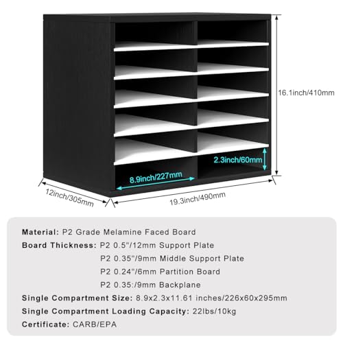 PAG-Mass Countertop Mail Sorter Organizer, Wooden Literature Organizer, Student Mailbox for Classroom, Desktop Bill Organizer for Office Home School, 12 Compartments, Black&White - color: Black&white, size: 12(6x2) Compartments