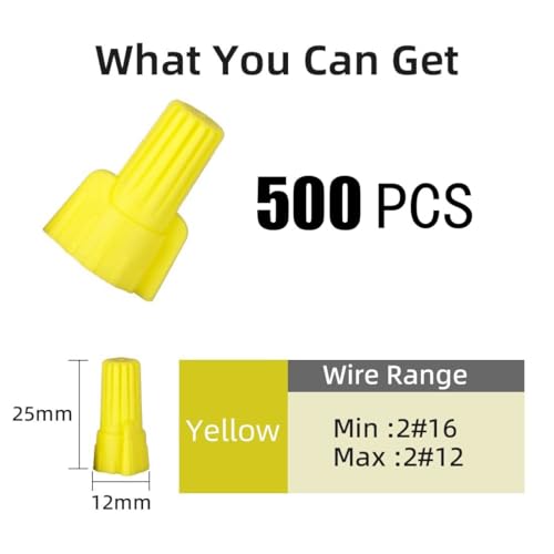 Winged Wire Conectors Nuts,Wire Twist 500 Pcs Yellow Electrical Screw Springs Caps Terminals Stainless Assortment Set Screw Terminal P11,22-10AWG - color: Winged Yellow