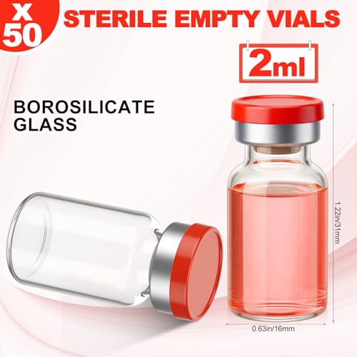 50 Pcs 2ml Sterile Vials Empty Vials for Injection, Red Lid - color: Red Lid