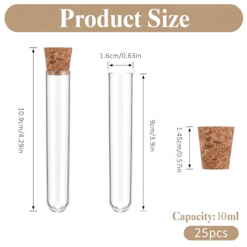 25 Pcs Glass Test Tubes for Plants, 10ml Clear Acrylic Vials with Cork Stoppers