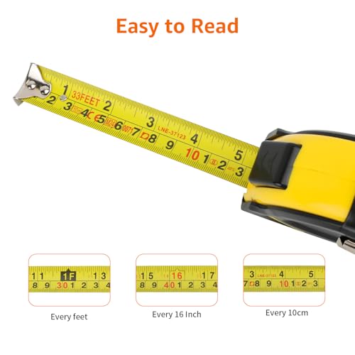Amazon Basics Self-Locking Tape Measure with Belt Clip, 33 feet (10 m), Inch/Metric Scale, MID Accuracy, Black, Yellow - color: Black, Yellow, size: 10.1 m