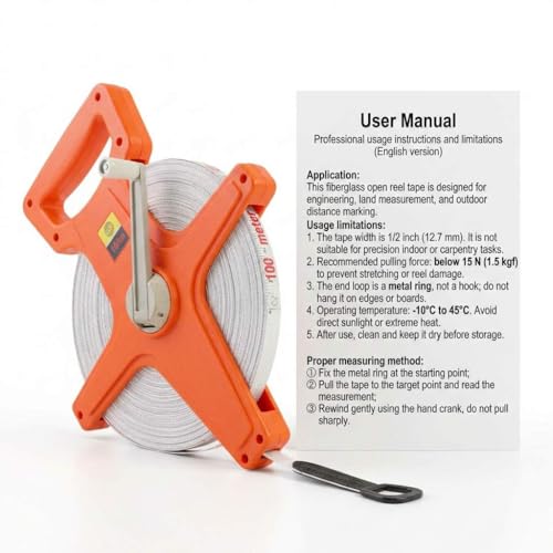 QWORK 1/2" x 100' Fiberglass Tape Measure, Engineer's Open Reel Dual Sided Measure, Orange - color: Orange - 1 pack, size: 30.5 m