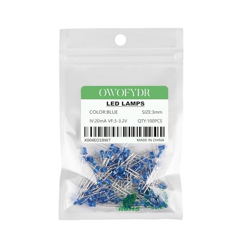100-Pack 3mm Blue LED Diffused 2-Pin Through-Hole LEDs - color: BLUE, size: 3MM
