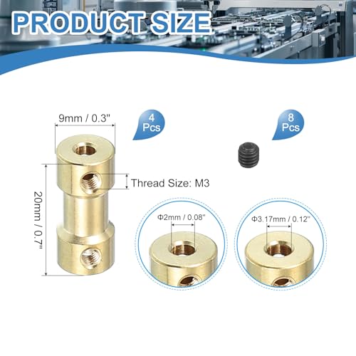 PATIKIL Shaft Coupling Joint 3.17mm to 2mm, 4 Pcs Brass Motor Shaft Coupler Extension Connector Rigid Sleeve Adapter Transmission Joint with M3 Screws for RC Car Airplane Tires Motor Robot - size: 3.17mm-2mm