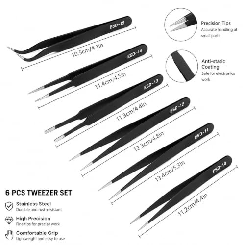 Black Heavy-Duty Precision Tweezers Set 6pcs - Pointed Tip & Curved End Fine-Point Tweezers for Electronics Repair, Making, Crafting, Cleaning - Metal DIY Kit for Hobbyists
