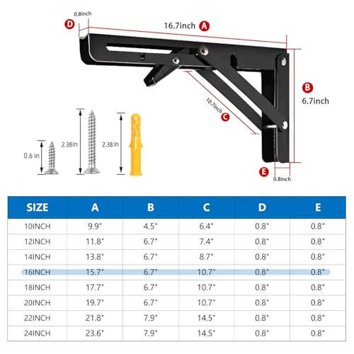 Folding Shelf Bracket 16 inch 2PC Wall Mounted Collapsible Shelves Brackets Heavy Duty Foldable Workbench Bracket DIY Wall Table Hinges for RV Countertop Extension Gargage Workstation Table Supports - size: 16 Inch