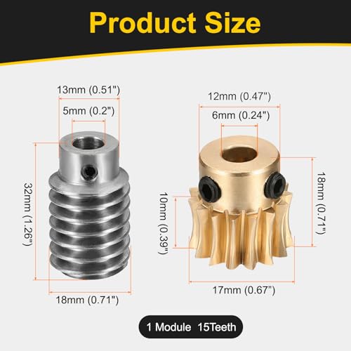 uxcell Worm Gear Set Right Rotation 15T 1 Module 15:1 Reduction Rate - size: Gear-6mm, Worm-5mm Bore, style: 1M-15T