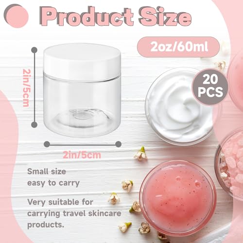 20 Pcs 2 Oz Clear Cosmetic Container with White Lids,Travel Storage Clear Empty Cosmetic Jars,Plastic Round Pot Jars for Eye Shadow,Lotion,Cream,Jewelry,Painting,Candies,DIY Ointments - color: White Lids
