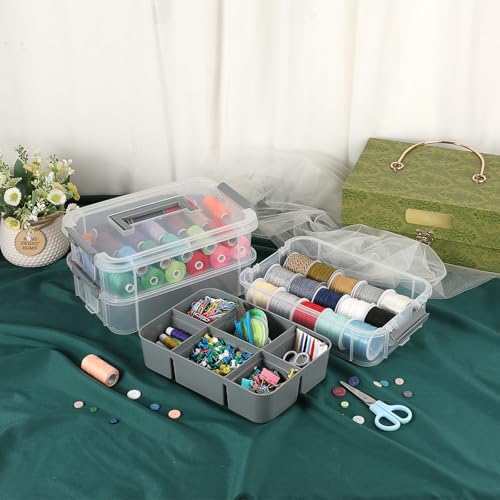 JUXYES 3-Tiers Plastic Stack Carry Storage Containers Box wih Handle Lids - color: Gray