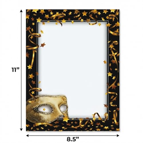Mardi Gras Mask Border Paper, Black Border with Gold Mask, 25 Sheets - color: Mardi Gras Mask