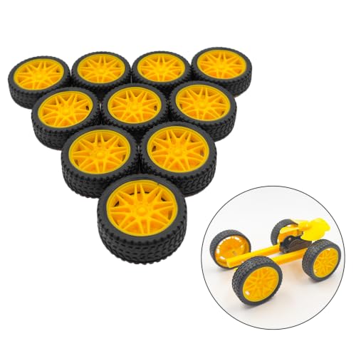 10PCS Toy Car Wheel Model Car Rubber Tire Wheel with 5PCS Metal Shaft Round Rod Axles for for DIY Model Toy RC Car Truck Robot Helicopter Replacement Parts (Yellow) - color: Yellow