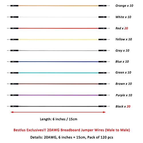 Breadboard Jumper Wires 20AWG, Bestlus Exclusives Male to Male Jumper Cable Wires M/M 15CM 10 Colors Pack of 120 Square Head 0.1'' (15CM, M/M) - color: Male-Male, 15CM, size: 15CM / 6''