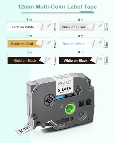 6-Pack Tz Tape 12mm 0.47" Laminated Color Compatible for Brother 12mm Label - color: Black on White/Silver/Gold/Blue on White/Gold on Black/White on Black, size: 0.47 inch (12mm)