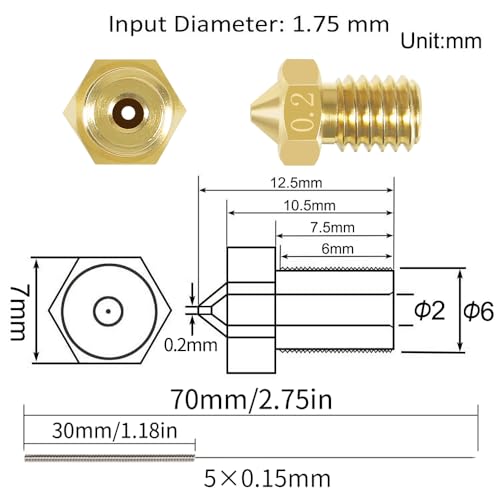 Aokin 10 Pcs 0.2mm Extruder Nozzles 3D Printer Brass Nozzles for E3D V5 V6 and 5 Pcs 0.15mm Stainless Steel Nozzle Cleaning Needles for 1.75mm Filament 3D Printer - color: 0.2mm