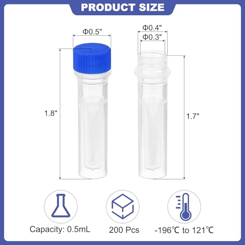 PATIKIL 0.5ml Plastic Cryogenic, 200Pcs Self Standing Cryogenic Vial Screw Top Frozen Test Tube for Lab Laboratory Science, Blue Cap - color: Blue, size: 0.5ml