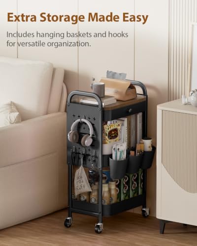 ALVOROG 3 Tier Metal Rolling Cart with Drawer,Wood Top,Pegboards,Black - color: Black