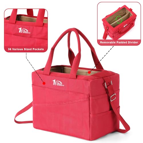 Art Craft Supply & Pottery Bag – 36 Pockets – Detachable Shoulder Strap - Handles – Removable Padded Divider - Washable – Tools, Knitting, Crochet, Yarn, Sewing, Scrapbooking, Clay, Tote - color: Lava Red