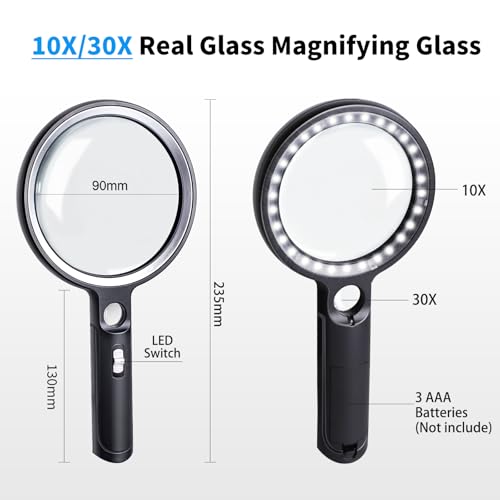 Handheld Magnifying Glass with Light, 10X 30X Optical Glass Magnifying Glass with 31 LEDs Lighted, The Essential Magnifier for Seniors, Reading, Puzzle, Coins, Jewelry, Inspection & Close Work