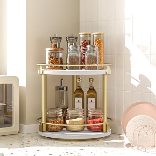 YATINEY Lazy Susan Organizer, Rotating Spice Rack, 2 Tier Spice Turntable Organizer, Industrial Turntable Spice Holder, for Kitchen Countertop and Cabinet, Compact and Versatile, White and Gold SR22DW - color: White + Gold, size: 10.2"L x 10.2"W x 11"H