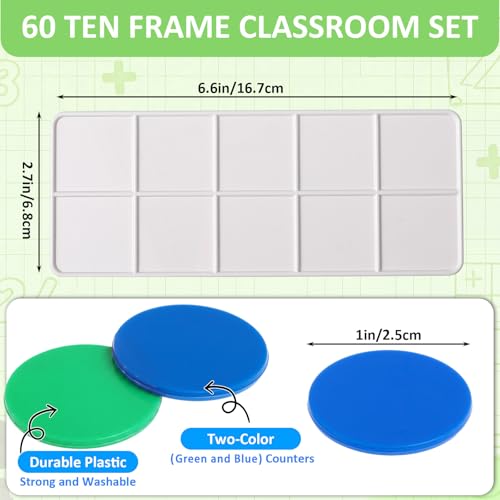 Soulchen 60 Sets Plastic Ten Frames for Kids Math, Green, Blue Counters - color: Blue,green
