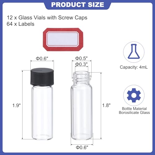 PATIKIL 4ml Clear Glass Vials, 12 Pack Sample Vials with Screw Cap Reagent Media Bottle with Labels Leak-Proof Liquid Sample Glass Vial for Lab Laboratory - color: Transparent, size: 4ml