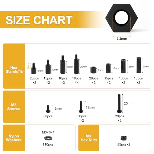 Exqutoo 620Pcs M3 Male Female Hex Standoffs Screws Assortment Kit - color: Black/3.2mm,620Pcs,Hex