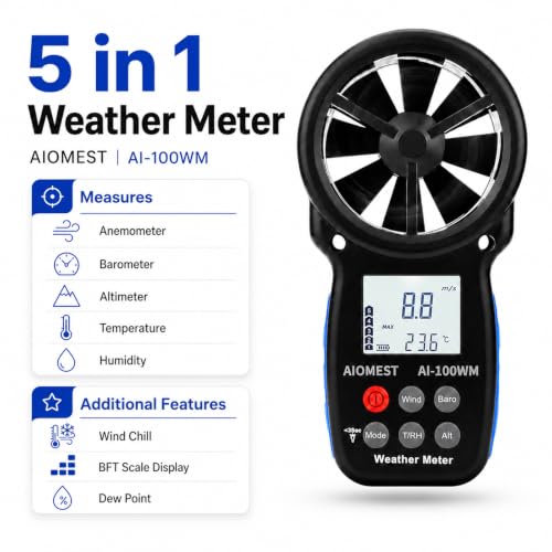 Digital Anemometer Barometer Altimeter, AIOMEST Handheld Weather Meter - color: AI-100WM W/ Pressure, Altitude and Humidity
