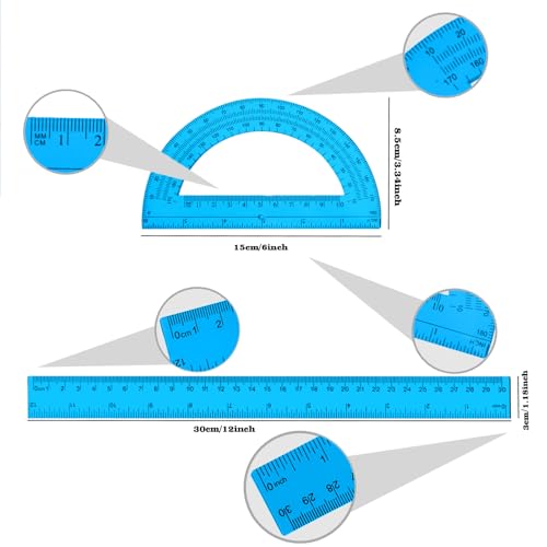 2 Packs 12 Inch Plastic Ruler and 6 Inch Plastic Protractor Set Clear Math Geometry Set Classroom Set Angle Detector School Supplies Classroom Ruler Home Office Drawings (Blue) - color: Blue