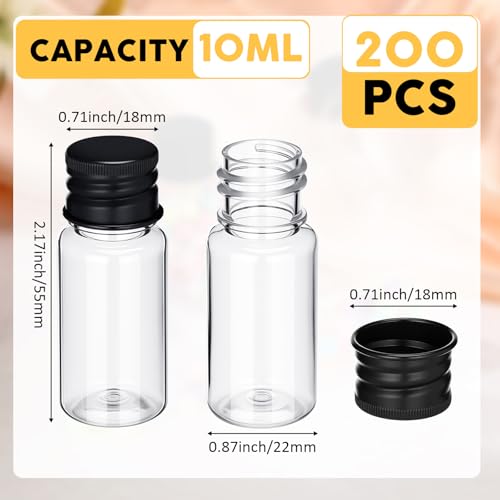 200 Pcs 10ml Mini Plastic Bottles Vials Tiny Jar with Aluminum Screw Lid Cap Clear Plastic Sample Container with Sealed Top Metal Lid for Cosmetic Essential Oil Specimen DIY Craft (Black) - color: Black