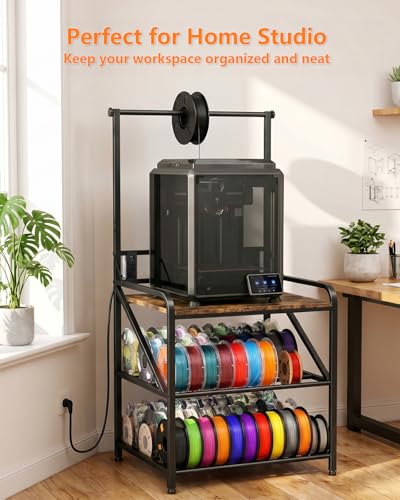 AHOWPD 3D Printer Stand with Filament Storage, Sturdy Heavy Duty Workbench - color: Rustic Brown