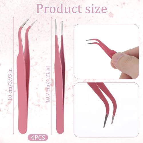 Craft Tweezers Precision Tweezers Set, 4 PCS Multipurpose Straight and Curved Tip Tweezer Anti Static Stainless Steel of Tweezer for Electronics, IndustrialTweezer for DIY Jewelry Making, Rose Pink