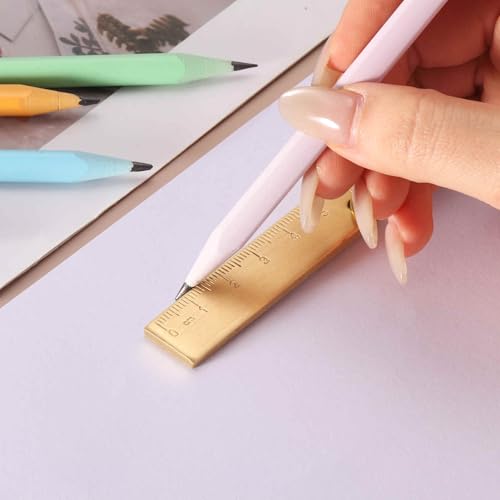 HARFINGTON Gold Brass Ruler 6cm Metric Scale Straight End Ruler with Pendant for Gift Classroom Home Office