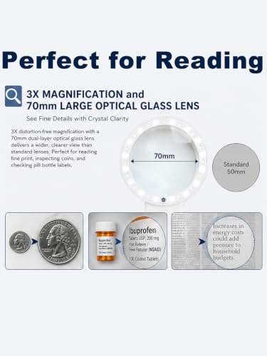 Magnifying Glass with 12 LED Light for Seniors Reading 3X Glass Lens - size: 3X