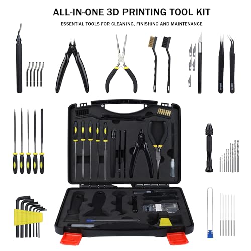 61-Piece 3D Printer Tool Kit with Hard Case, Deburring Tool, Craft Knife, Hand Drill, Needle Files, Scrapers, Nozzle Cleaning Needles & PTFE Tube Cutter for FDM/SLA Printers