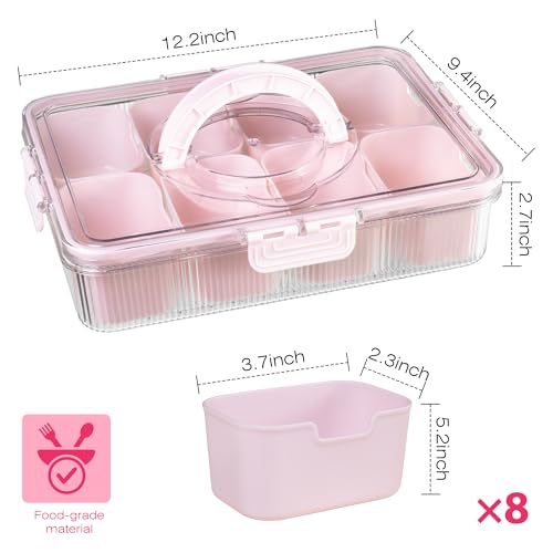 Patent Design Ribbed Snackle Box Container Divided Serving Tray with Lid and Handle -Charcuterie Container Portable Storage Organizer for Candy, Fruit, Beach, Picnics(1 pcs, Pink - color: Pink