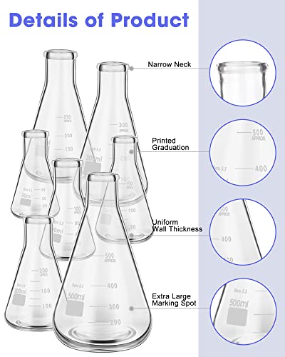 9 Pack Glass Erlenmeyer Flask Set with Glass Stirring Rod, 7 Sizes, 50ml, 100ml, 150ml, 200ml, 250ml, 300ml, 500ml, Narrow Mouth Borosilicate Erlenmeyer Flask with Printed Graduation for Lab Chemistry