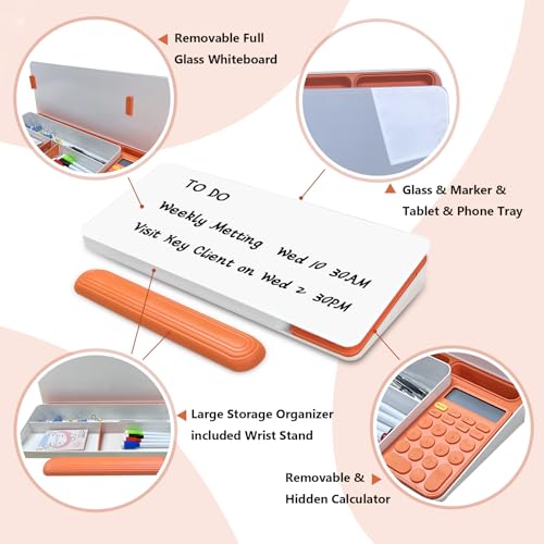 Desk Whiteboard Dry Erase Glass Desktop Whiteboard with Calculator, Desk Board with Keyboard Stand for Office or School